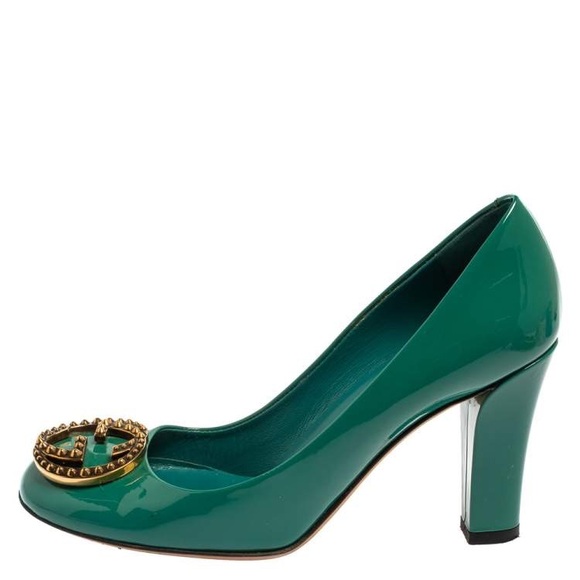 Gucci Teal Green Patent Leather GG Interlocking Pumps Size 38 - Picture 2 of 7